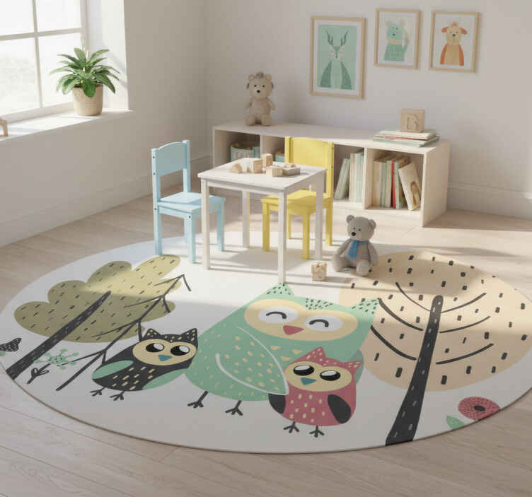 Tappeto vinile animali gufi colorati su albero - TenStickers