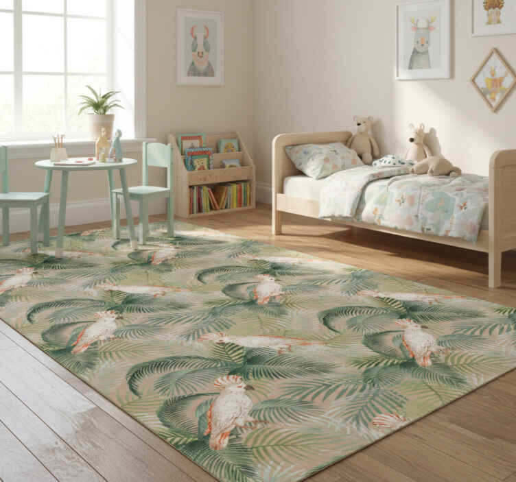 Dieren vinyl tapijt witte papegaaien op beige palmen - TenStickers