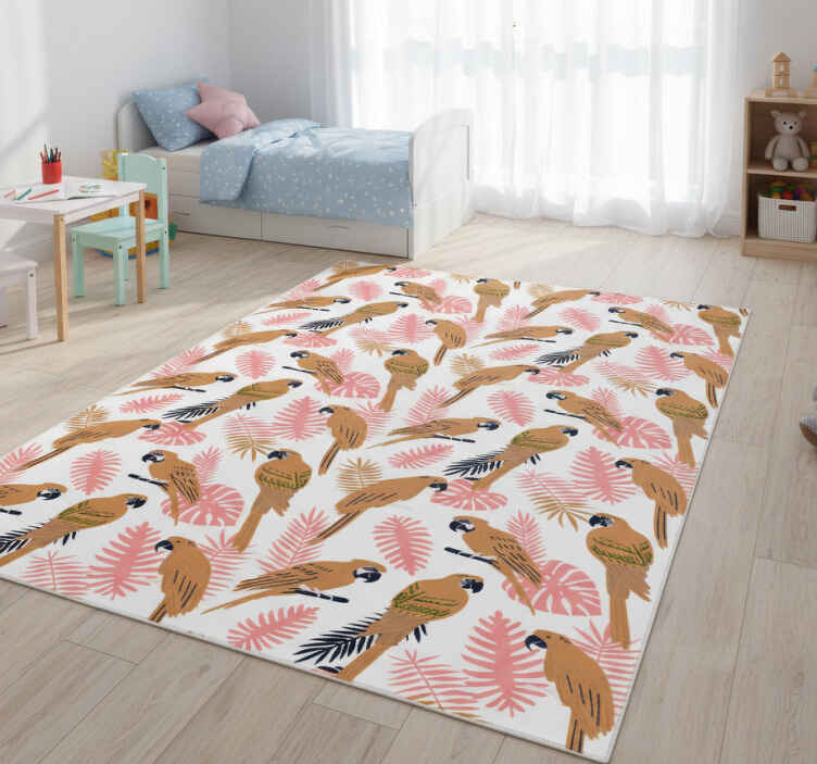 Dieren vinyl tapijt oranje papegaaien met roze bloemen - TenStickers