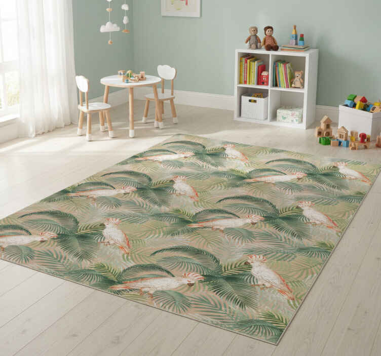 Tappeto vinile animali pappagalli bianchi su palme beige - TenStickers