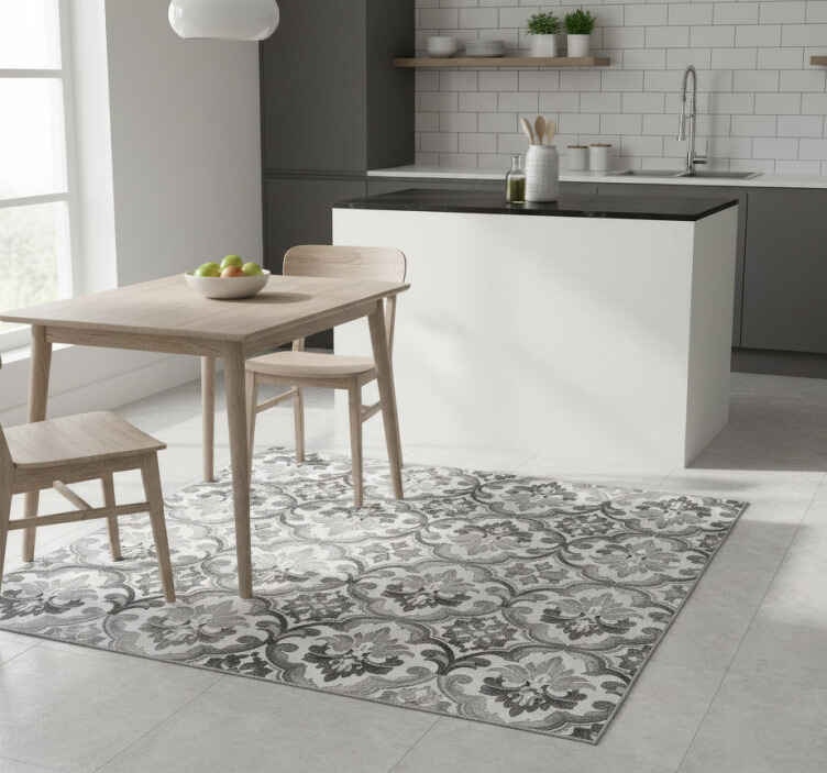 Kitchen vinyl rug in greyscale damask design - TenStickers