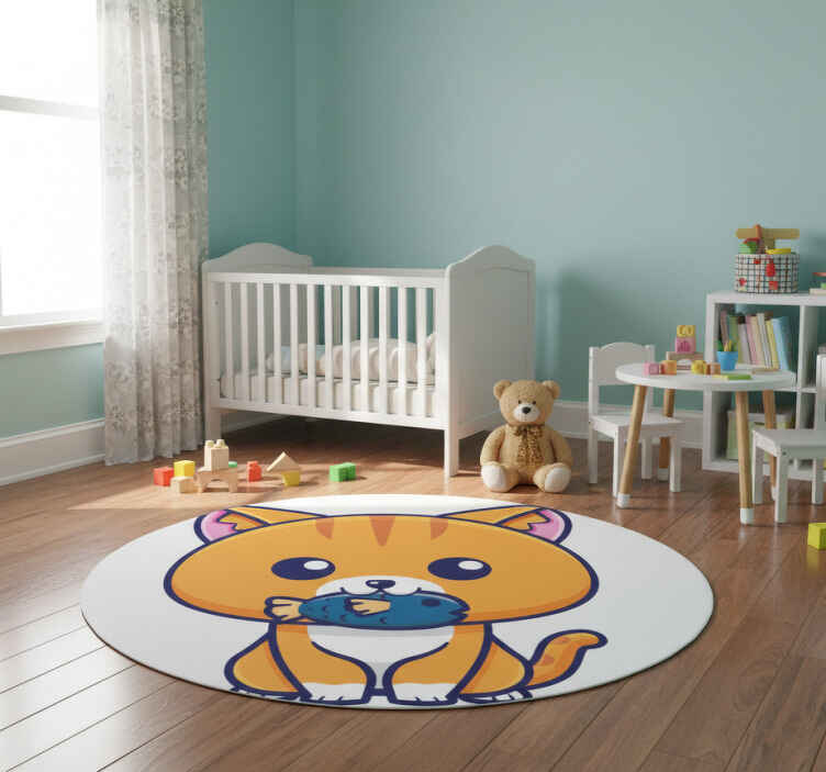Dieren vinyl tapijt schattige kat met vis - TenStickers
