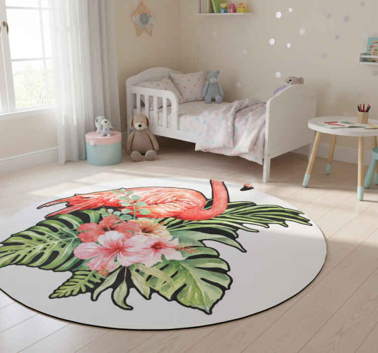 Dieren vinyl tapijt flamingo met bloemen - TenStickers