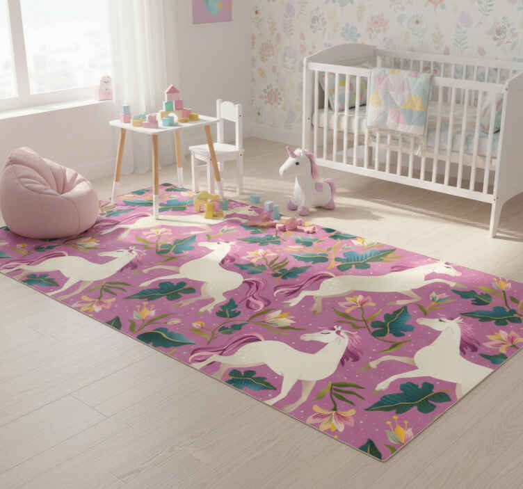 Vinyl teppe dyr med rosa og blomstrete hestemotiv - Tenstickers
