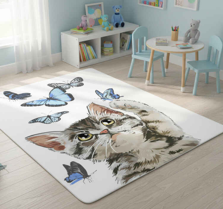 Dieren vinyl tapijt kitty met blauwe vlinders - TenStickers