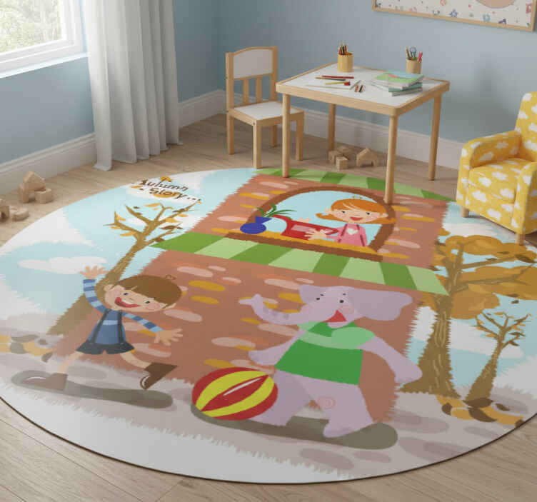 Dieren vinyl tapijt olifant en spelende kinderen - TenStickers