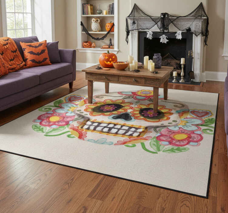 Tapis vinyle halloween tête de mort florale aquarella - TenStickers