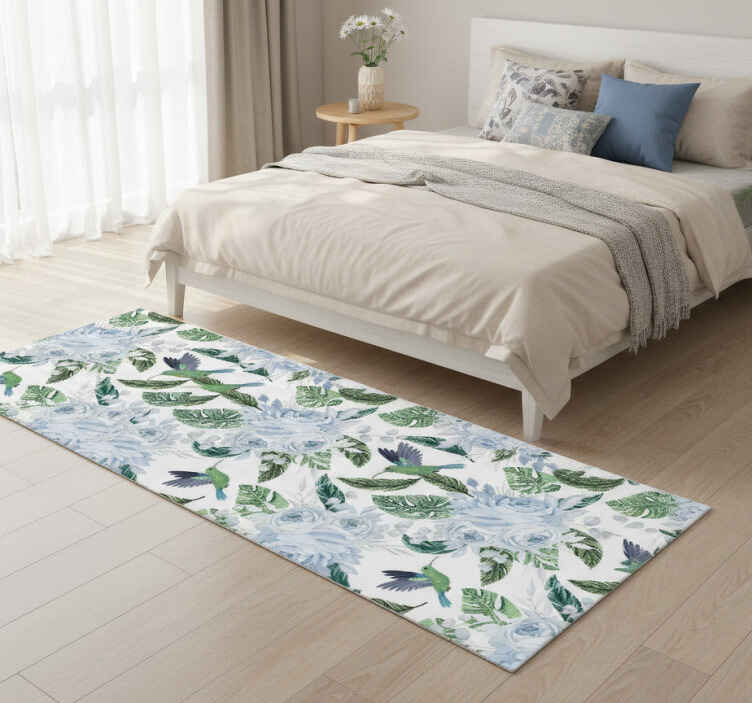 Vinyl tapijt bloemen en planten blauwe tuinbloemen met vogels - TenStickers