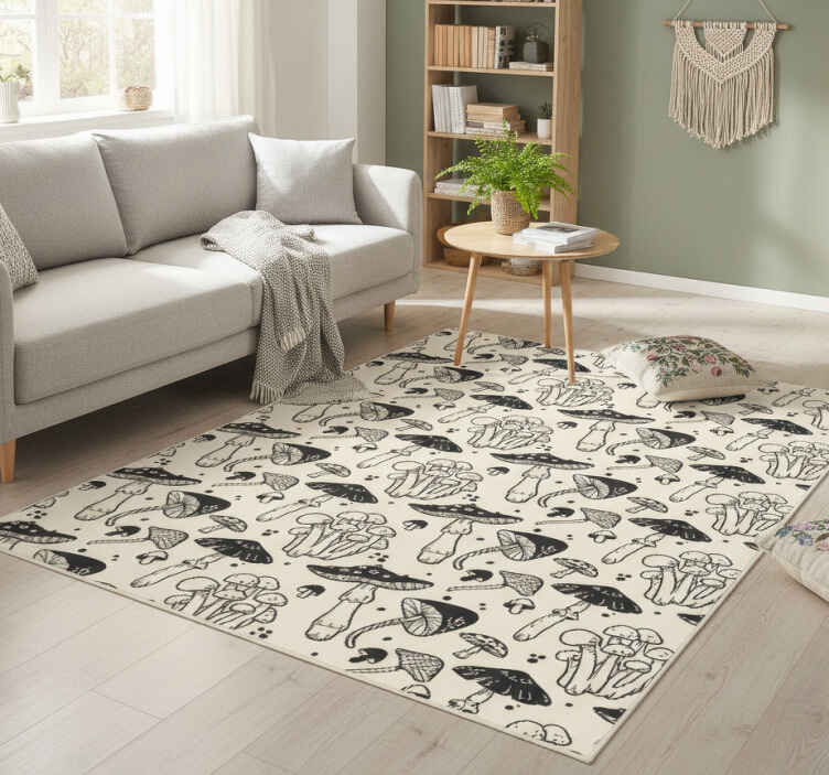 Vinyl tapijt bloemen en planten zwart tekeningen paddenstoelen - TenStickers
