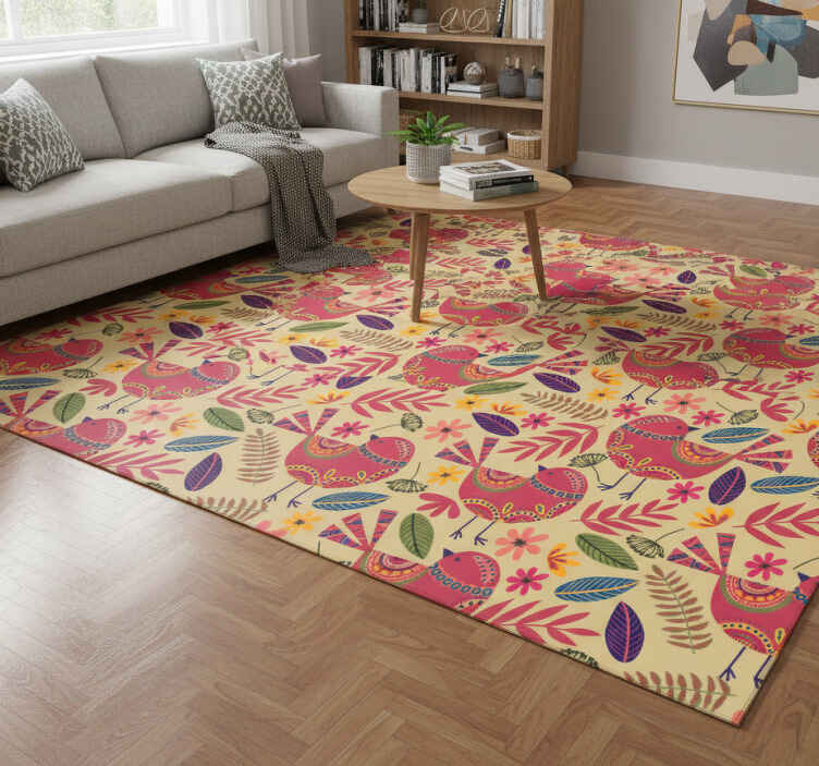 Flower vinyl rug with colorful birds folk art design - TenStickers