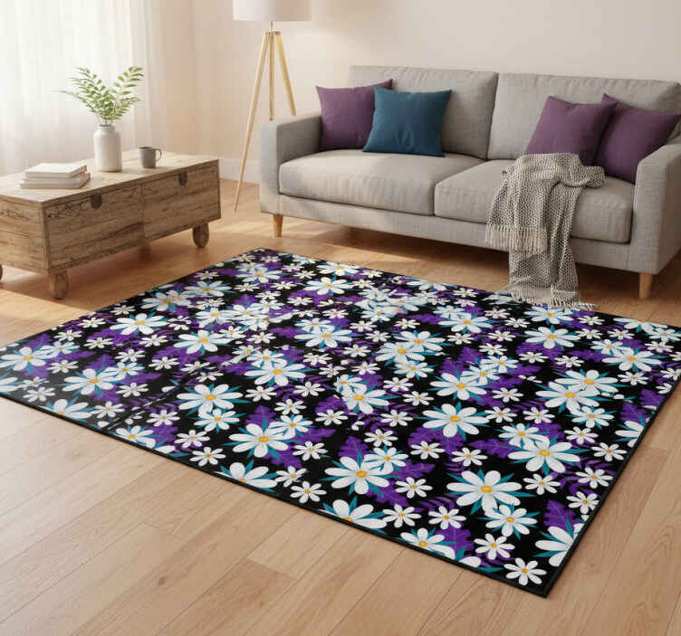 Flower vinyl rug with floral design on black background - TenStickers