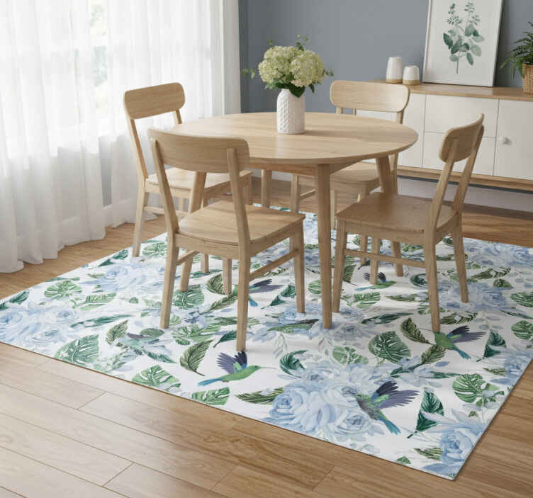 Flower vinyl rug blue garden flowers with birds - TenStickers