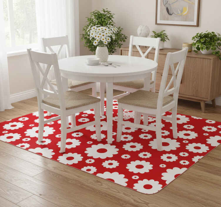 Flower vinyl rug with white daisies on red background - TenStickers