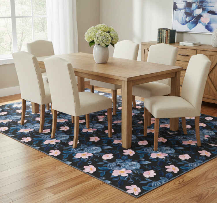 Flower vinyl rug with blue and pink pattern on black - TenStickers