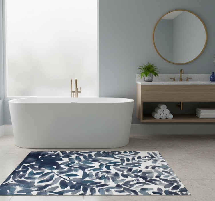 Flower vinyl rug blue watercolor leaf design - TenStickers