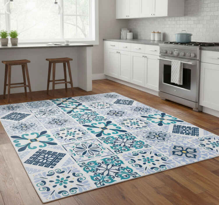 Kitchen vinyl rug in blue floral tiles design - TenStickers