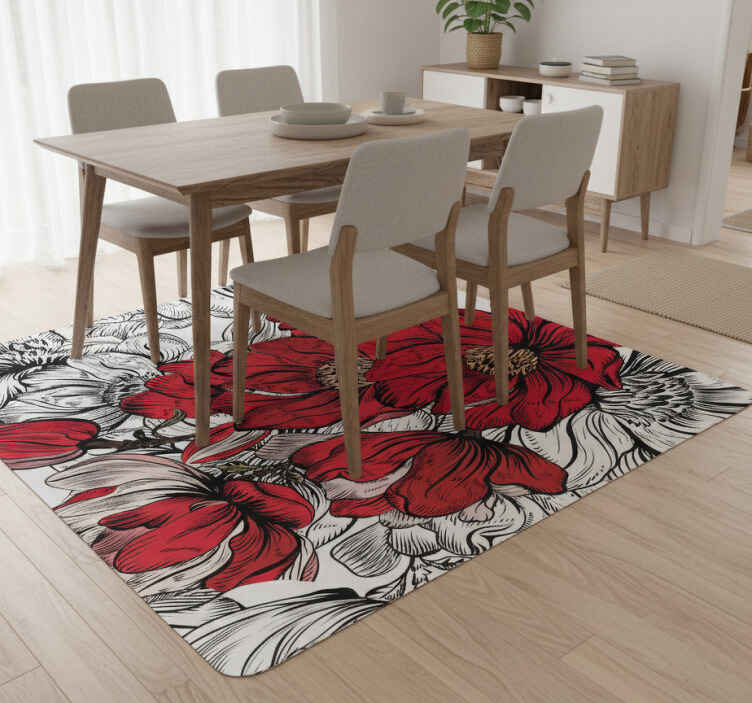 Red and white flowers dining room vinyl rug - TenStickers