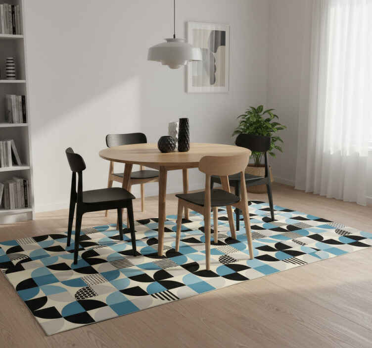 Alfombra vinílica comedor patrón bauhaus azul retro - TenVinilo
