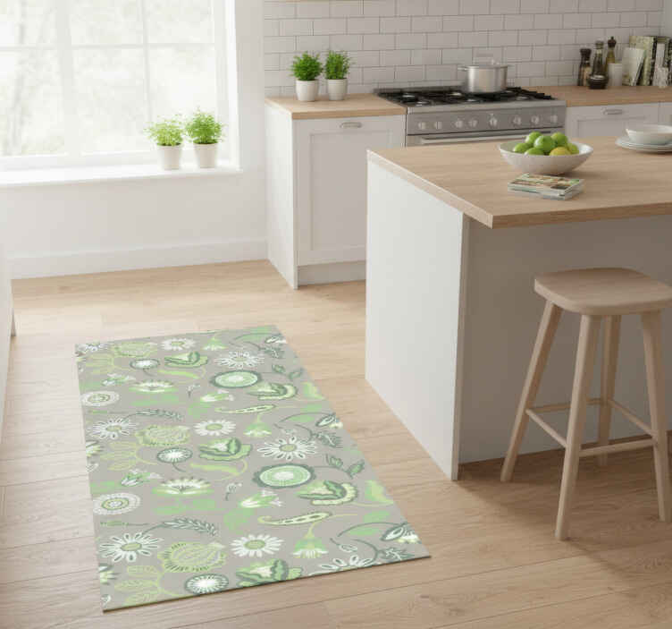 Kitchen vinyl rug with delicate green floral pattern - TenStickers