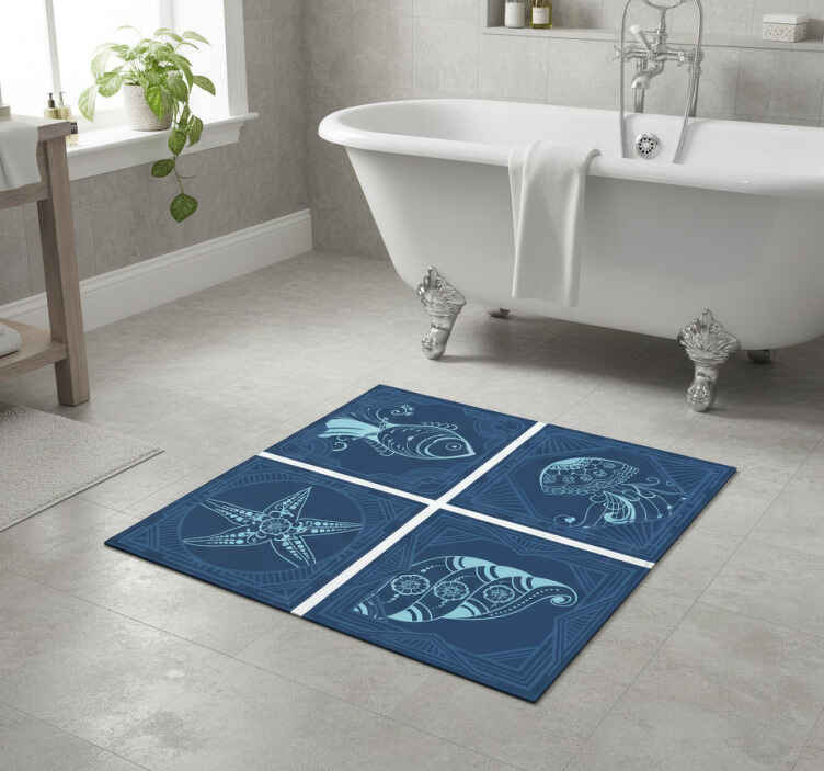 Bathroom vinyl rug with ornamental sea life design - TenStickers