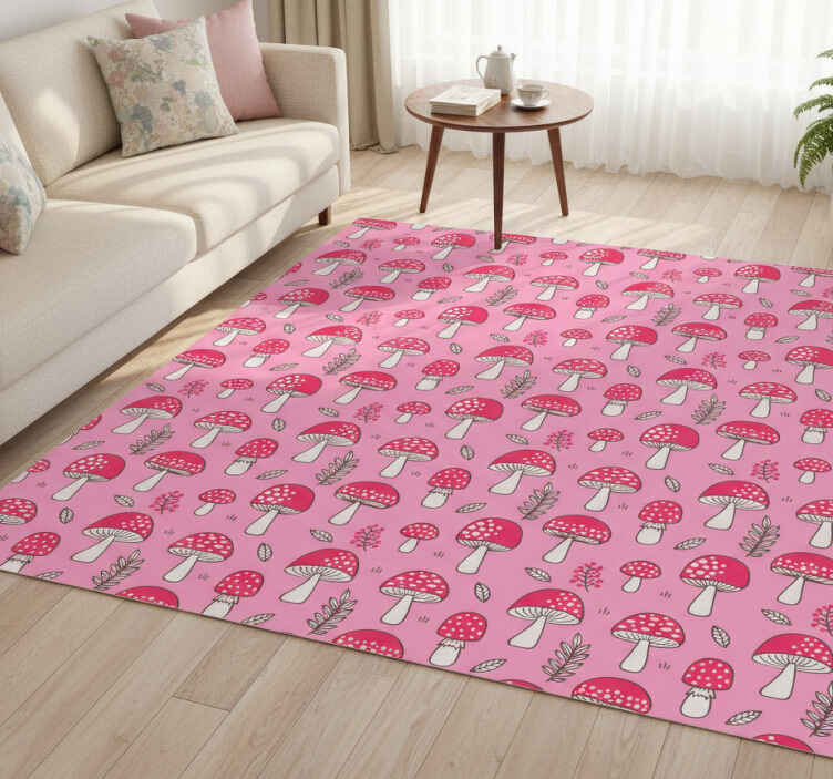 Tappeto vinile fiori funghi e piante su sfondo rosa - TenStickers