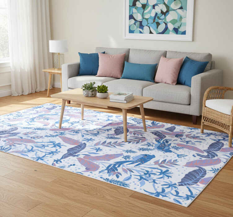 Flower vinyl rug with blue and pink birds on leaves - TenStickers