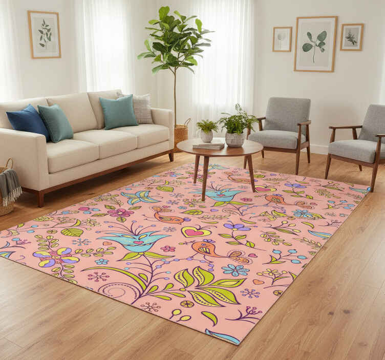 Flower vinyl rug with floral pattern and wildlife - TenStickers