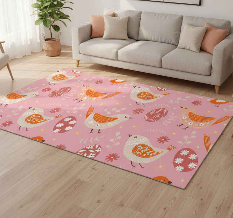 Flower vinyl rug in pink folk art with birds - TenStickers