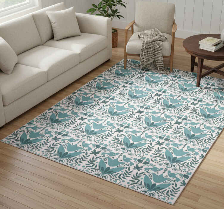 Flower vinyl rug with blue folk art birds pattern - TenStickers
