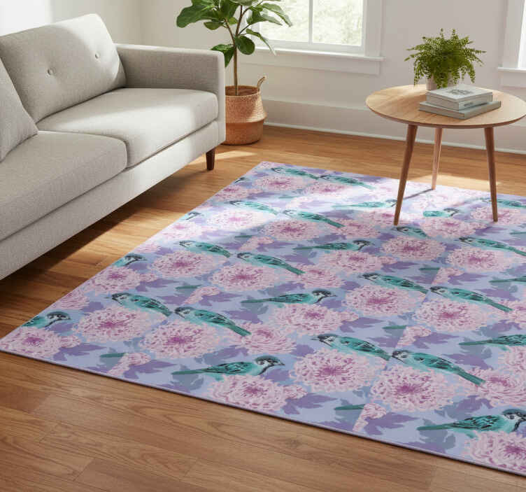 Flower vinyl rug featuring pink garden flowers and birds - TenStickers