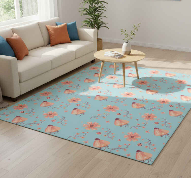 Flower vinyl rug orange flowers on blue background - TenStickers