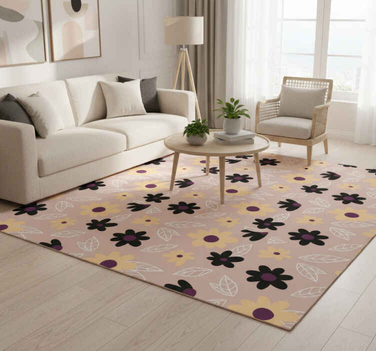 Flower vinyl rug in colorful modern flowers on beige - TenStickers
