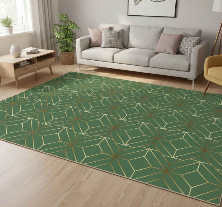 Geometrik pvc halı metalik yeşil kareler altın kenarlarla - TenStickers