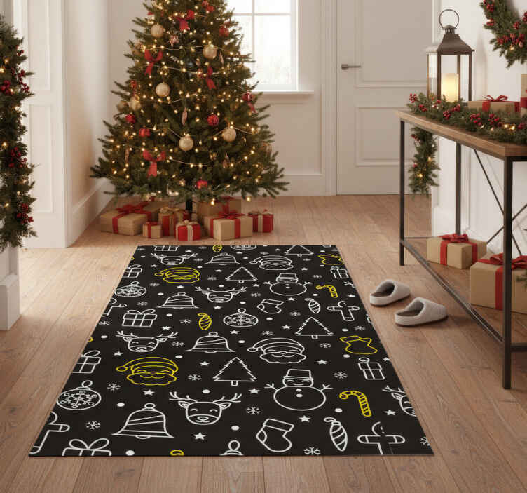 Noel pvc halı beyaz ve sarı noel deseni siyah zemin - TenStickers