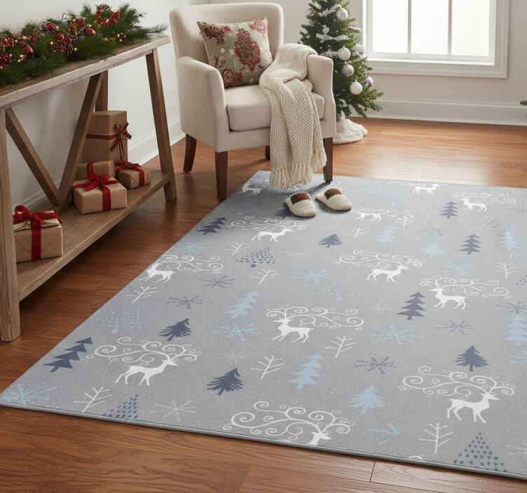 Noel pvc halı beyaz ren geyirleri ve ağaçlar deseni - TenStickers