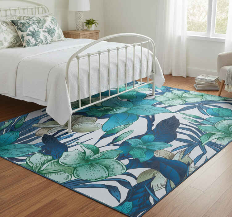 Alfombra vinílica dormitorio hojas tropicales azules - TenVinilo