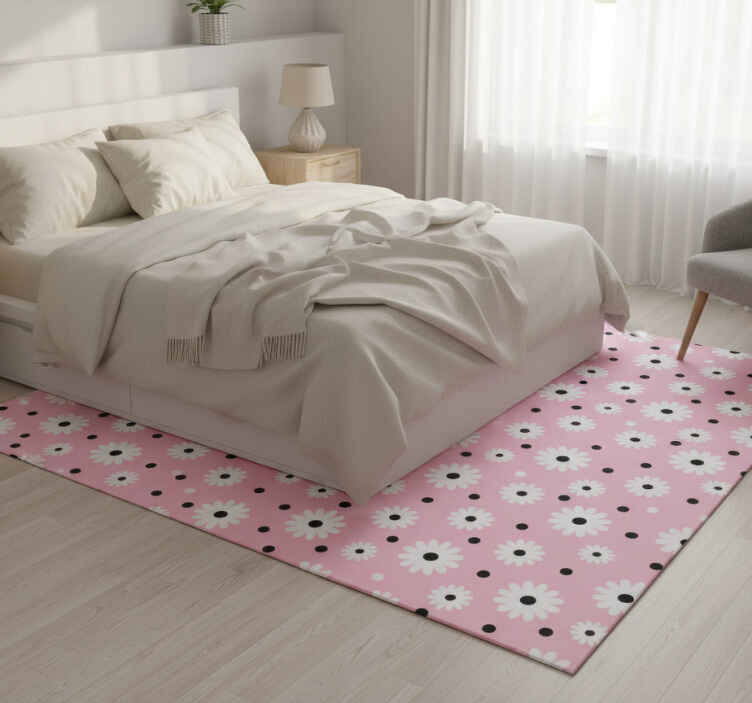 Bedroom vinyl rug with pink black dot floral design - TenStickers