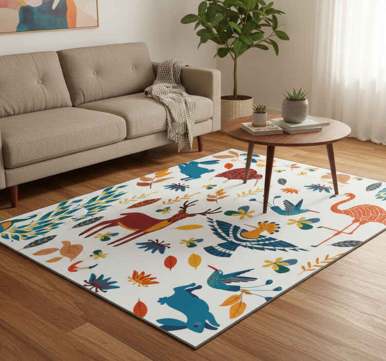 Floral vinyl rug with tengango style animals and plants - TenStickers