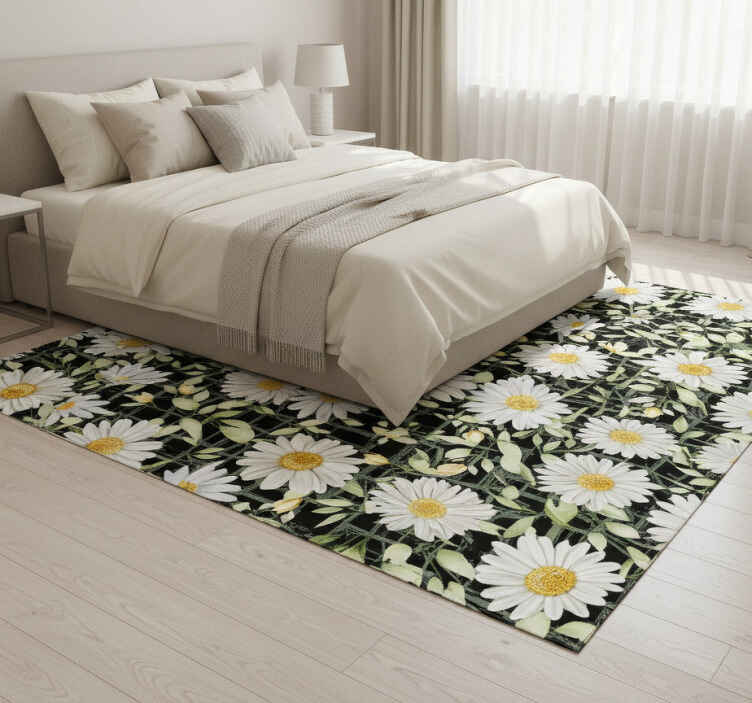 Alfombra vinílica dormitorio margaritas realistas rayas - TenVinilo
