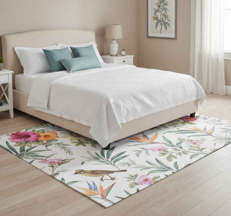 Alfombra vinílica dormitorio diseño floral azul - TenVinilo