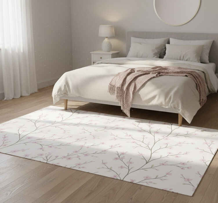 Alfombra vinílica dormitorio Árbol gris con flores rosas - TenVinilo