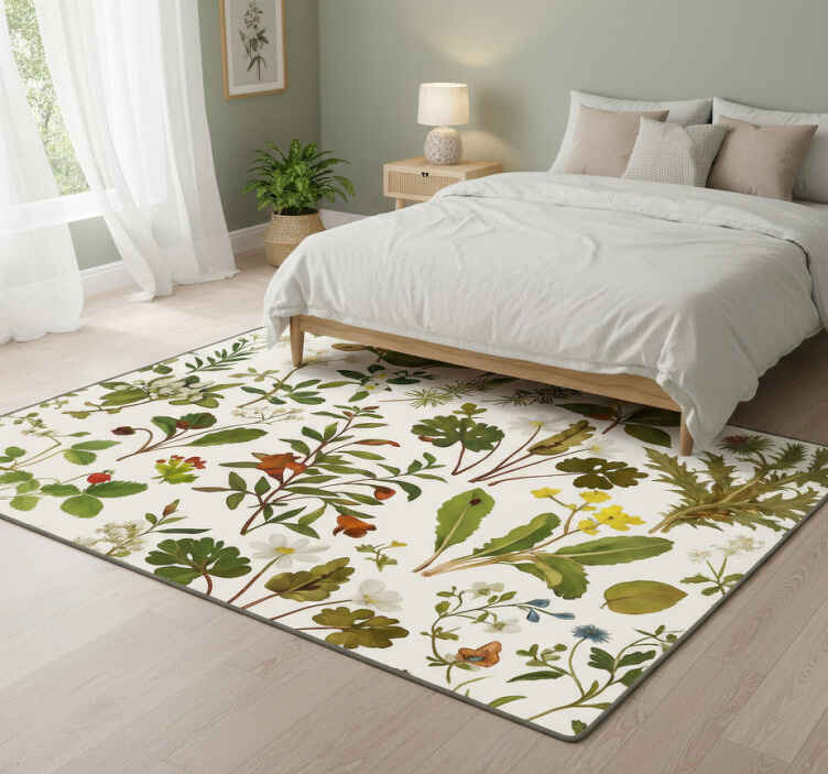 Alfombra vinílica dormitorio diseño botánico fondo blanco - TenVinilo