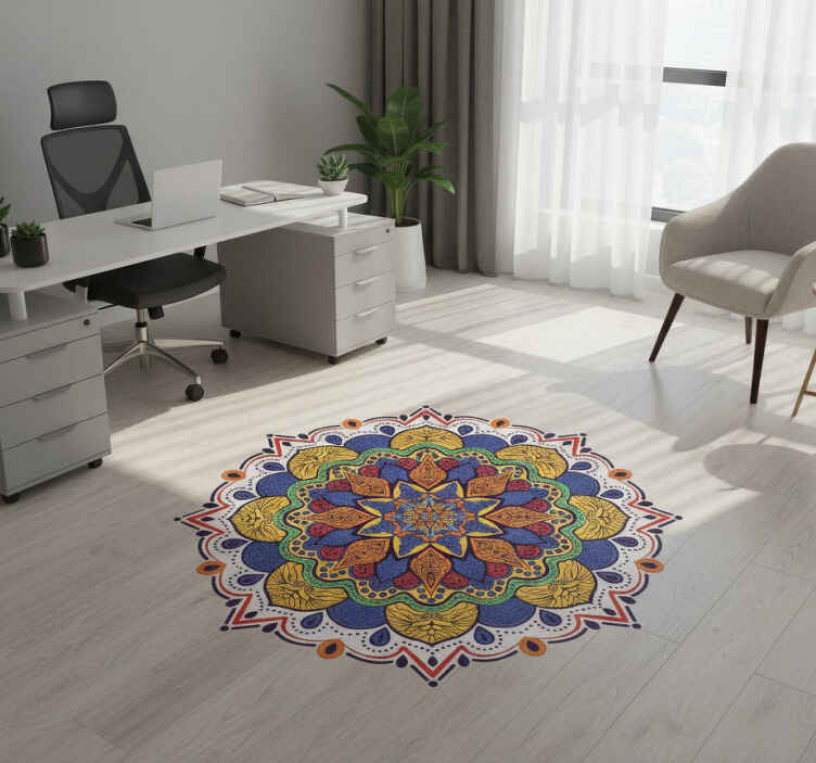 Alfombra vinílica geométrica mandala de flores coloridas - TenVinilo