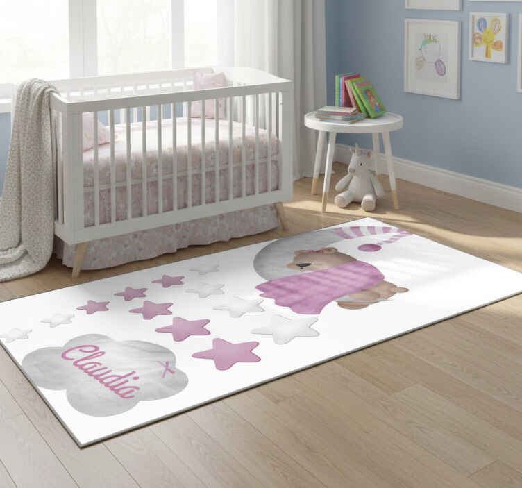 Tapis vinyle pour enfants ours endormi nuage avec nom - TenStickers