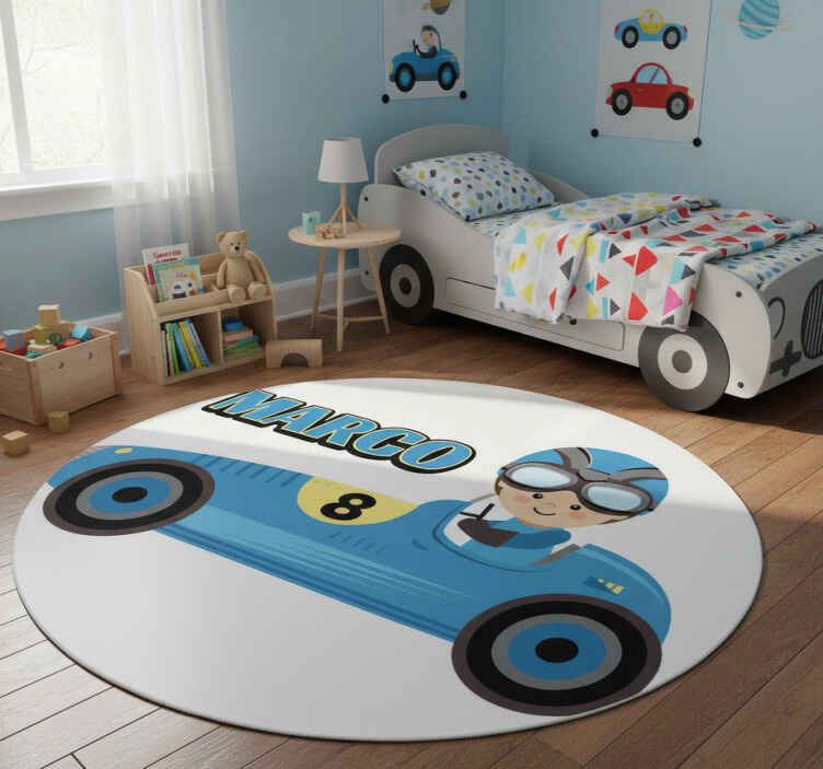 Kids vinyl rug featuring a personalized f1 car - TenStickers