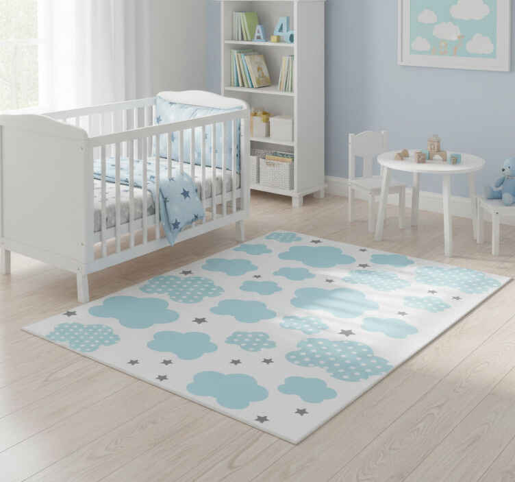 Alfombra vinílica infantil nubes azules y estrellas grises - TenVinilo
