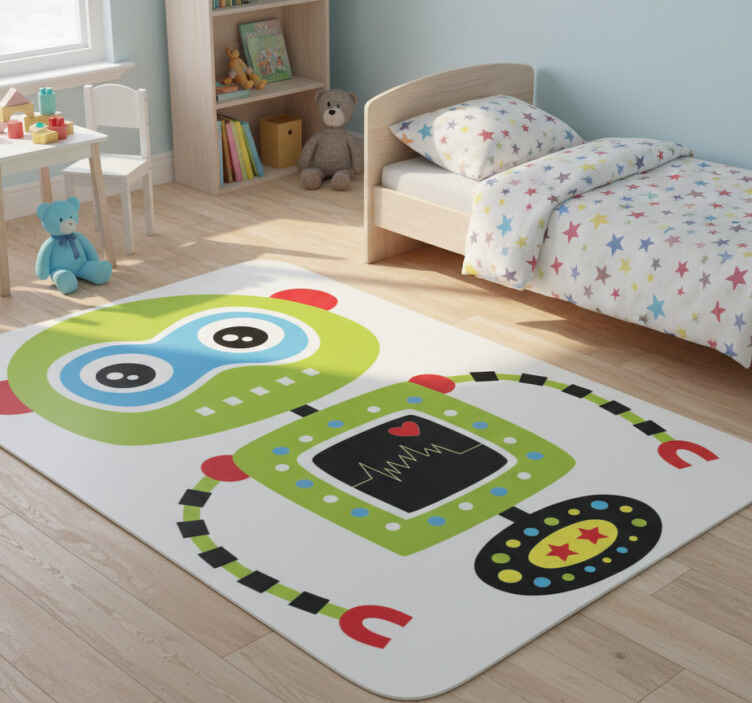 Kids vinyl rug featuring a green robot design - TenStickers