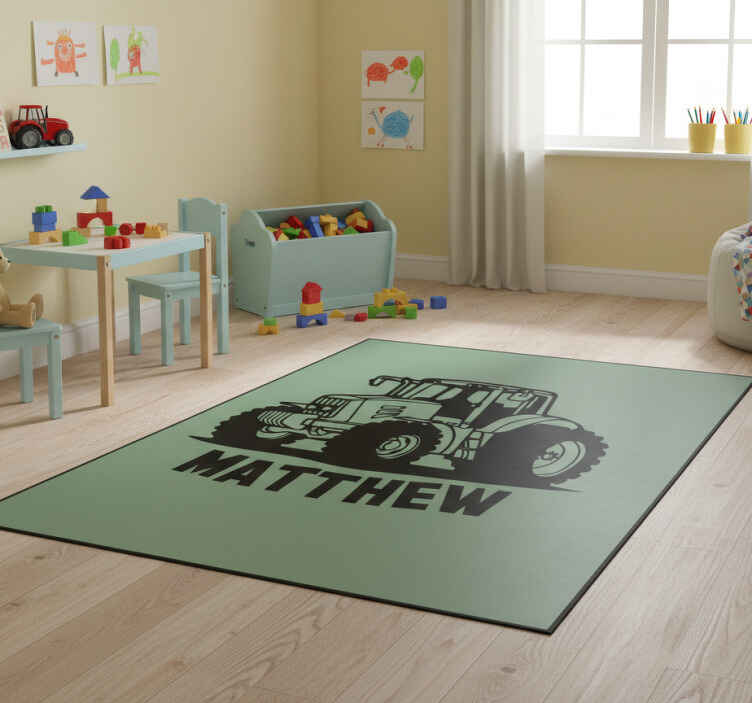 Kids vinyl rug with tractor silhouette and name - TenStickers