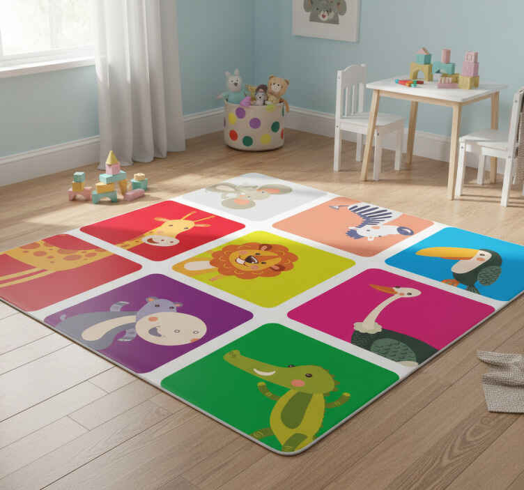 Tapis vinyle pour enfants carreaux colorés avec animaux - TenStickers