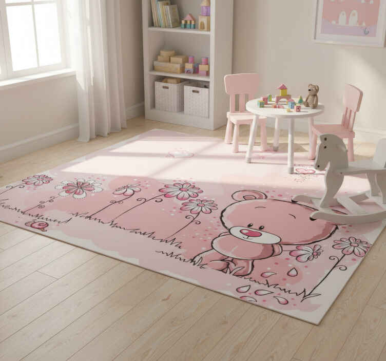 Alfombra vinílica infantil oso rosa y flores - TenVinilo